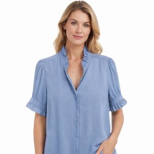 Ann Taylor Sky Blue Ruffle Sleeve Button-Front Blouse